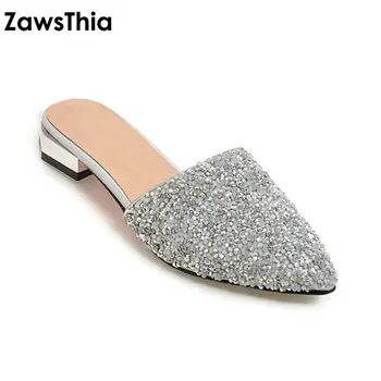 ZawsThia moda paiete sclipici femeie sandale tobogane de argint bling punct mic deget de la picior toc plat papuci femei catâri de mari dimensiuni 43