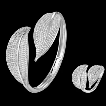 Zlxgirl bijuterii de înaltă calitate, două frunze manșetă brățară cu inel seturi de bijuterii fine femei zirconia dimensiune bratara de cupru & brățară cadou