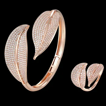 Zlxgirl bijuterii de înaltă calitate, două frunze manșetă brățară cu inel seturi de bijuterii fine femei zirconia dimensiune bratara de cupru & brățară cadou