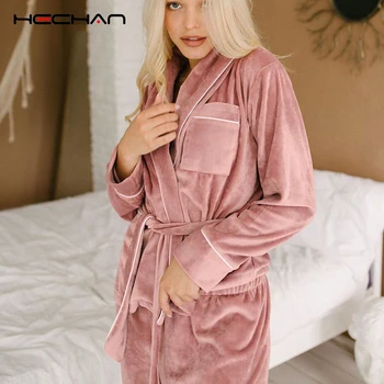 HECHAN Catifea Roz Pijama Femei din Două Piese Set de Cald Buzunar Maneca Lunga, Haine Și Pantaloni Noapte de sex Feminin Costum Casual Pijamale Groase