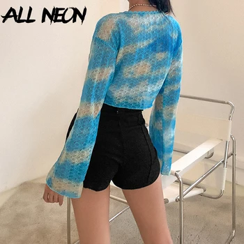ALLNeon E-fată Dulce Bandaj Față Hollow Out de Imprimare Cardigane Tricotate Y2K Moda V-gât cu Dantela Maneca Lunga Albastru Culturilor Topuri