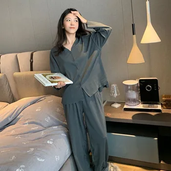 Pijama Seturi pentru Femei cămășuță de Noapte cu Maneca Lunga BF Stil de petrecere a timpului Liber Acasă Purta Moale de Primăvară Solide în Vrac Moda Raspandita Respirabil îmbrăcăminte de noapte