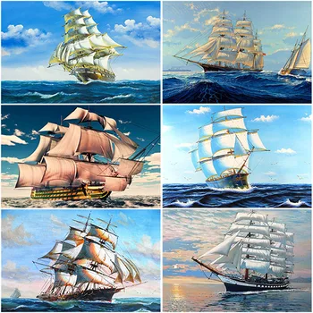DIY 5D Diamant Pictura Navei Diamant Broderie Mare Barcă cu pânze Rundă Completă Mozaic de Peisaje Stras cruciulițe Arta de Perete Cadou
