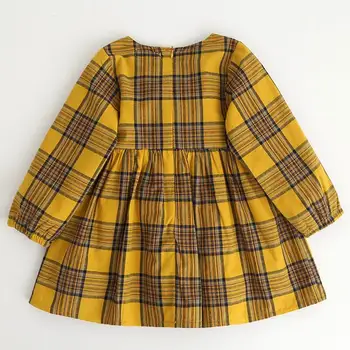 De vânzare cu amănuntul de Primavara Toamna Fete Dress Anglia Stil Carouri Galben Minge de Blana Arc Bebelus Rochie de Printesa Imbracaminte Copii 3-7M AZ1061