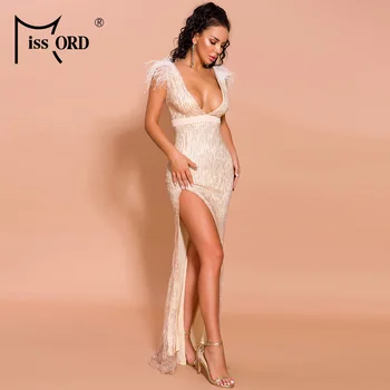 Missord 2021 Femei Sexy Adânc V de Pe Umăr Rochii Glitter Femeie Înaltă Split Elegant Rochie cu Pene FT19565