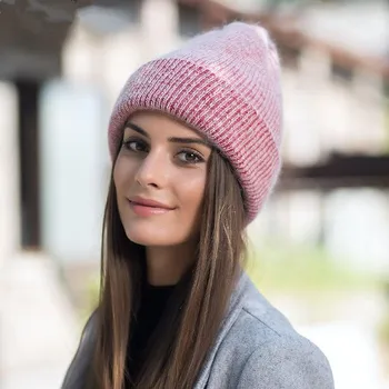 Fierbinte De Vânzare Pălărie De Iarnă Adevărată Blană De Iepure Pălării De Iarnă Pentru Femei De Moda Cald Pălării Beanie Pentru Femei Solide Adult Acoperă Cu Cap