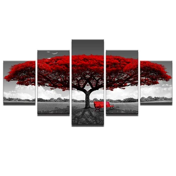 5 Bucată HD Print Tablou în Alb Și Negru Roșu Copac Cuadros Peisaj Canvas Wall Art Decor Acasă Pentru Perete Camera de zi Poza