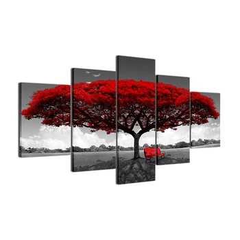 5 Bucată HD Print Tablou în Alb Și Negru Roșu Copac Cuadros Peisaj Canvas Wall Art Decor Acasă Pentru Perete Camera de zi Poza