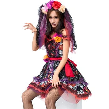 Femeile adulte Halloween Schelet Vampir Înfricoșător Mireasa Costum de Cosplay Zi de Mort Fantezie Rochie de Voal Deghizare Petrecere de Carnaval de Purim