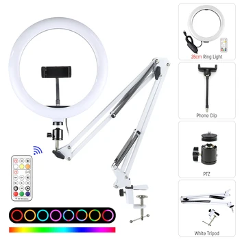 Noi RGB Inel de Lumină LED-uri Colorate Selfie Lampa cu Alb Brațul Lung Stand Suport de Telefon Pentru Video Vieți Estompat Fotografie de Iluminat