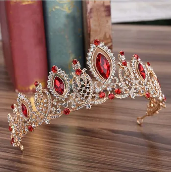 Mare Baroc Roșu Stras De Mireasa Accesorii De Par Coroana De Aur Diadema Mireasa Frizură Cap De Cristal Tiara De Nunta Bijuterii De Păr