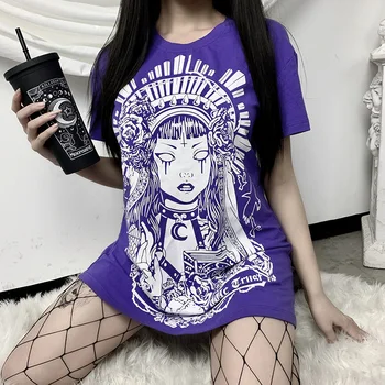 InsDoit Streetwear Gotic Vrăjitoare Rele Imprimare Tricou Negru Harajuku Punk O Gât Scurt Maneca Tricou Femei Vrac Violet Topuri