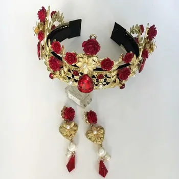 Epocă De Aur De Metal De Mare Coroana De Ceramică Roșie Floare Baroc Balul De Cristal Bentițe Pearl Bijuterii De Păr De Nunta Tiara Set De Accesorii