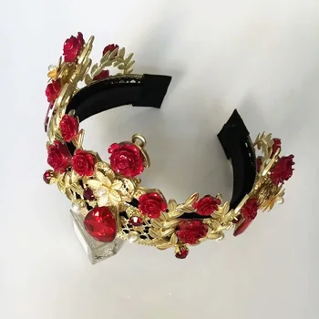 Epocă De Aur De Metal De Mare Coroana De Ceramică Roșie Floare Baroc Balul De Cristal Bentițe Pearl Bijuterii De Păr De Nunta Tiara Set De Accesorii