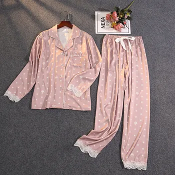 Coroana De Print Dulce Femei Pijama Set Dantela Cu Maneci Lungi Pantaloni De Pijama Satin Moale Sleepwear