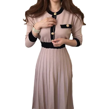 Toamna coreean Elegante, Rochii Tricotate Femei Subțire O-linie Talie Mare Cutat Rochie de sex Feminin 2021 Doamnă Blând pulover Lung de Bază Rochie