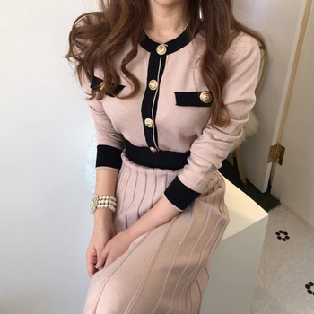 Toamna coreean Elegante, Rochii Tricotate Femei Subțire O-linie Talie Mare Cutat Rochie de sex Feminin 2021 Doamnă Blând pulover Lung de Bază Rochie