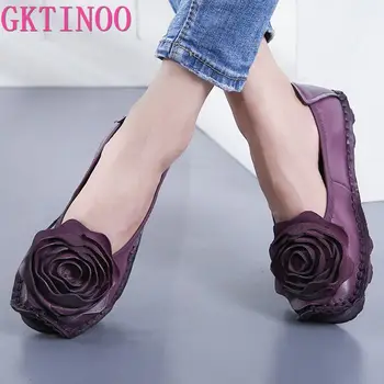 GKTINOO Moda Floare de Design Rotund Toe Culoare Solidă Plat Pantofi Vintage din Piele Femei Apartamente Manual pantofi pentru Femei