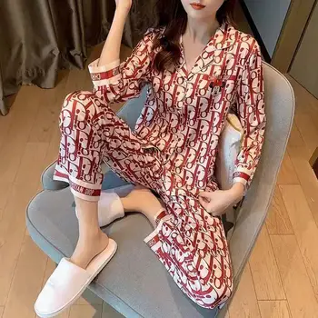 Pijamale femei de primăvară și de toamnă matase de gheață maneca lunga versiunea coreeană de mari dimensiuni pot purta femei acasă de mătase două bucata costum