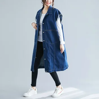 Valul de brand de moda liber de mari dimensiuni femei casual din denim vesta versiunea coreeană toamna tăiate mid-lungime denim sacou lung