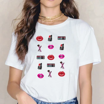 Sexy buze roșii tocuri inalte Rujuri make up set litere vogue print t shirt femei grafic amuzant tricou femme hipster streetwear