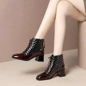 Cizme scurte Femei,2020 Glezna Cizme pentru Femei,din Microfibră Pantofi de Piele,Deget de la picior Pătrat,Femeie Încălțăminte,Stil Britanic,Negru,Vin roșu