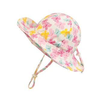 Palarie De Vara Fata De Soare, Plaja Roz Panama Găleată Pălării Cu String Margine Largă Fluture Respirabil Vacanță În Aer Liber Accesoriu Copii Mici