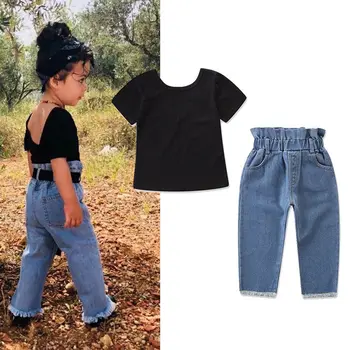 Citgeett 2 BUC pentru Copii Copilul Fetita Solid, Negru T-shirt, Blaturi + Pantaloni din Denim Blugi Haine Tinutele Casual de Vara Set