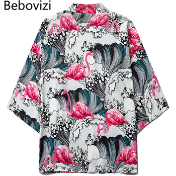 Bebovizi Stil Japonez Val Flamingo Imprimare Bărbați Femei Tradiționale Cardigan Yukata Streetwear Haori Haine Yukata Kimono Obi