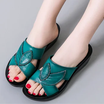 CEYANEAO2018Summer noi pentru femei pantofi pentru femeie din piele talpa moale mama papuci de casă mijlocul toc panta cu antiderapant confortabil slippersE986