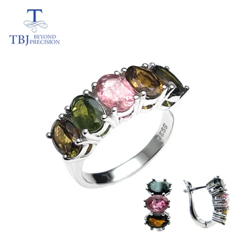 TBJ,naturale de lux de culoare turmalina incuietoare inele și cercei set design simplu piatră prețioasă argint 925 pentru fete cu cutie de cadou