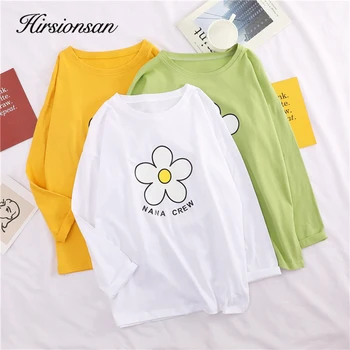 Hirsionsan Tricou Femei 2019 Flori de Vară Imprimat cu Maneci Lungi T-shirt-coreean de Bumbac Simplu Moda Harajuku Kawaii Topuri Tricouri