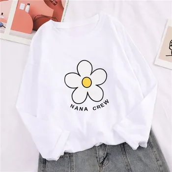 Hirsionsan Tricou Femei 2019 Flori de Vară Imprimat cu Maneci Lungi T-shirt-coreean de Bumbac Simplu Moda Harajuku Kawaii Topuri Tricouri