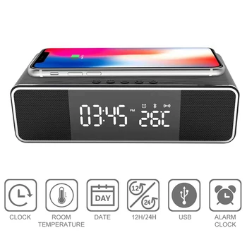LED Ceas cu Alarmă Cu Telefon Încărcător Wireless Desktop Termometru Digital Ceas HD Oglindă Ceas Cu Radio FM, Bluetooth Speaker