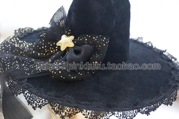 Fata de Epocă Japoneză deep black Gothic Lolita Halloween Vrăjitoare Pălărie Pălărie Recuzită Petrecere în costume Negre stele Dantela Bowknot pălărie de Top
