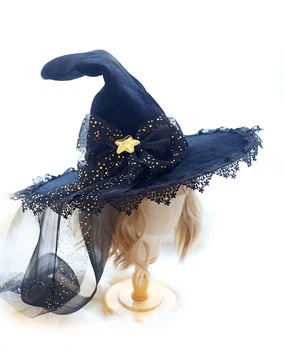 Fata de Epocă Japoneză deep black Gothic Lolita Halloween Vrăjitoare Pălărie Pălărie Recuzită Petrecere în costume Negre stele Dantela Bowknot pălărie de Top