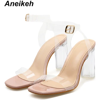Aneikeh 2019 Dulce PVC Sandale Femei Pătrat Tocuri Transparente, Pantofi de Vara Square Toe Catarama Curelei de Caise Dimensiune Rochie 35-42