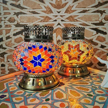 Maroc Lampă turc Mozaic lucrate Manual, Vitralii Dormitor Lampă de Masă cu Baterii și Comutator cu LED Wireless Lampă de Noapte