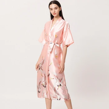 Femei cămașă de noapte de Matase de Gheață Stil Chinezesc Macara de Imprimare Jumătate Maneca Kimono-Halat de baie Mireasa, domnisoara de Onoare la Nunta Robă Lungă Non-suit