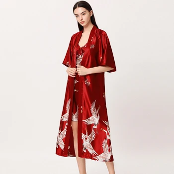 Femei cămașă de noapte de Matase de Gheață Stil Chinezesc Macara de Imprimare Jumătate Maneca Kimono-Halat de baie Mireasa, domnisoara de Onoare la Nunta Robă Lungă Non-suit
