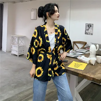 Bebovizi De Vară 2020 Negre De Floarea Soarelui Japoneze Femei De Moda Harajuku Cardigan Kimono Bluza Vrac Topuri Casual Plaja Kimonouri