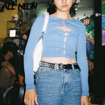 ALLNeon Y2K Estetica Taie Albastru T-shirt ' 90 Moda Butoane O-neck Maneca Lunga Topuri de Cultură Drăguț Teuri Streetwear Vintage Slim