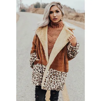 2020 Casual Îmbrăcăminte Fau Blana Haine De Iarnă Pentru Femei Deschide Ochi De Leopard De Imprimare Mozaic Cald Teddy Strat Gros De Blană Sacou