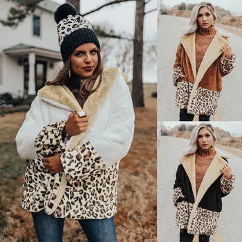 2020 Casual Îmbrăcăminte Fau Blana Haine De Iarnă Pentru Femei Deschide Ochi De Leopard De Imprimare Mozaic Cald Teddy Strat Gros De Blană Sacou