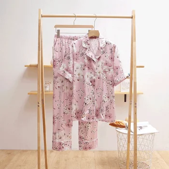 Noul Europene de Înaltă calitate de Mătase cu mânecă Scurtă, Pantaloni de Imprimare de Prune Femei Pijamale Costum Roz Pj Seturi pentru Femei Cameră Purta Conjunto