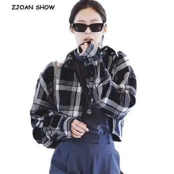 Extra Scurt Negru Gri Check Camasa Carouri Coreea de Îmbrăcăminte Retro 2020 Femeie Rever maneca Lunga Topuri Trunchiate Bluza Y2K Blousas
