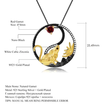 GEM de BALET Argint 925 Aur Rat Pandantiv Colier Pentru Femei Granat Natural Yin și Yang Zodiac Chinezesc Bijuterii