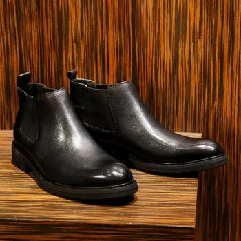 Desai Brand Bărbați Chelsea Cizme Pantofi Reale de Vacă din Piele Casual Talpa din Cauciuc Negru de Zăpadă de Nunta Negru Toc Pentru Bărbați