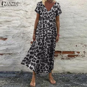 Sexy Leopard Imprimate Rochie de Vara pentru Femei Sundress ZANZEA 2021 Casual cu Maneci Scurte Maxi Vestido de sex Feminin V Gât Haina Plus Dimensiune 5XL