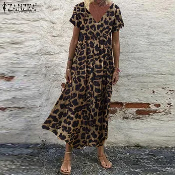 Sexy Leopard Imprimate Rochie de Vara pentru Femei Sundress ZANZEA 2021 Casual cu Maneci Scurte Maxi Vestido de sex Feminin V Gât Haina Plus Dimensiune 5XL